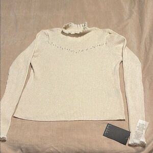 Nicole Miller Cream Ribbed Ruffled Long Sleeve Tee